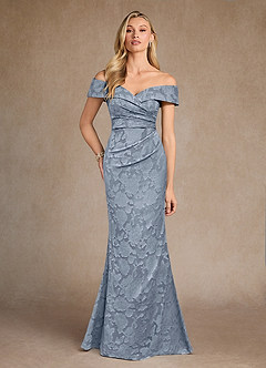 Azazie Canton Mother of the Bride Dresses Dusty Blue Mermaid Off the Shoulder Floral Burnout Dress image1