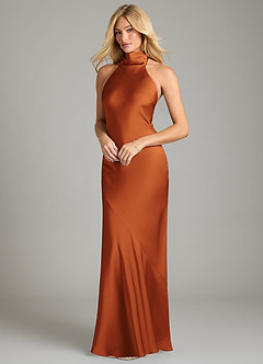 Azazie Velli Bridesmaid Dresses Cinnamon Mermaid High Neck Stretch Satin Dress image1