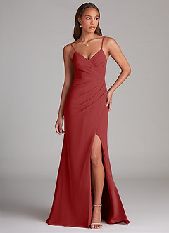 Azazie Maci Bridesmaid Dresses Rust Sheath Pleated Chiffon Dress image1