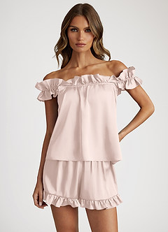 front Satin Convertible Ruffle Strap Pajama Set