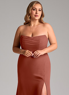 Azazie Saige Vestidos de madrinha de casamento Vestir Castanho Aloirado de Chiffon de Linha A com Fora do ombro image11