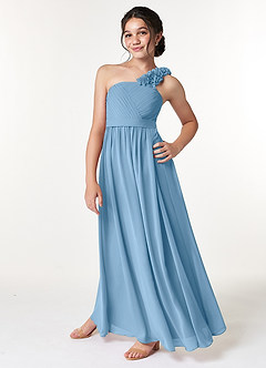 Azazie Flower Junior Abito A-Line in Chiffon Plissettato Blu Acciaio image5