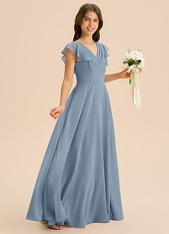 Azazie Anysa Junior Vestido de Azul Polvoriento de Gasa de Corte en A con Volante image5