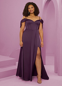 Barbie ♥ Azazie Bridesmaid Dresses Plum A-Line Off the Shoulder Stretch Satin Dress image1