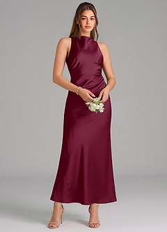 Azazie Evadne Vestidos de damas de honor Vestido de Mora de Satén Elástico de Corte Recto con Plisado image3