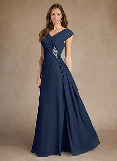 Azazie Bronson Mère de la mariée Robes Robe Trapèze en Mousseline de soie Plissée Bleu Marine Foncé image2