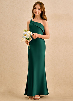 Azazie Almond Girls Formal vestidos de niña de las flores Vestido de Esmeralda de Satén Elástico de Corte Recto con Hombro unilateral image3
