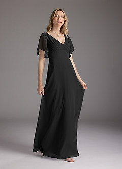 Azazie Alessa Kleider für die Brautmutter A-Linie V-Hals Gefaltet Chiffon Kleid Schwarz image4