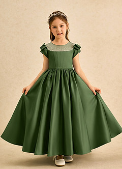 Azazie Toffee Abiti da Ragazza di Fiori Abito Stile Principessa in Raso Opaco Fiocco Oliva image2