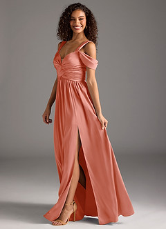 Azazie Lianne Bridesmaid Dresses Coral A-Line Off the Shoulder Stretch Satin Dress image7