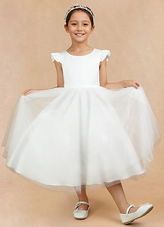 Azazie Hemi Flower Girl Dresses Ivory Blushing Pink A-Line Bow Tulle Dress image7