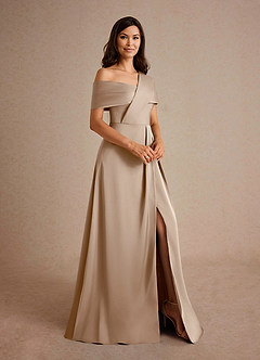 Azazie Milton Mother of the Bride Dresses Taupe A-Line Pleated Stretch Satin Dress image6