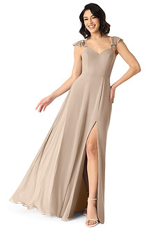 Azazie Everett Robes de demoiselle d'honneur Robe Trapèze en Mousseline de soie Col V froncé Taupe image5