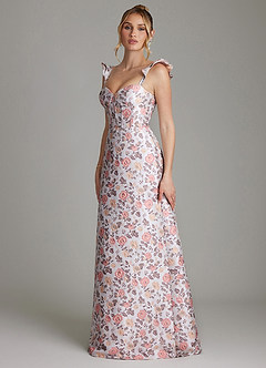 Azazie Adalynn At-home Try On Dresses Gilded Rose A-Line Ruched Brocade Dress image5