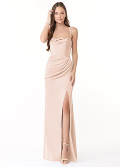 Azazie Leonis Bridesmaid Dresses Blushing Pink Mermaid Pleated Stretch Satin Convertible Dress image1