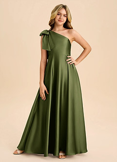 Azazie Penguin Junior Abito A-Line in Raso Elasticizzato Fiocco Oliva image3