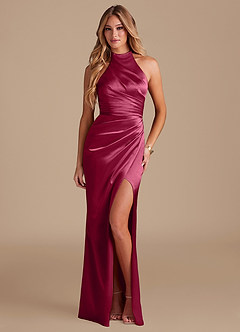 Azazie Jemma Bridesmaid Dresses Burgundy Sheath Pleated Metallic Satin Dress image1