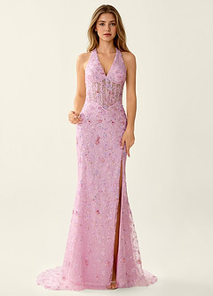 Zahra Pink Sparkly V-neck Mermaid Lace Up Back Prom Dress image3