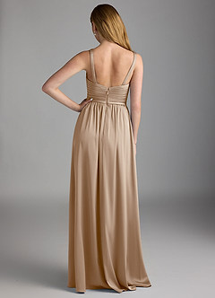 Azazie Chanel Final Sale Taupe A-Line Pleated Stretch Satin Dress image2