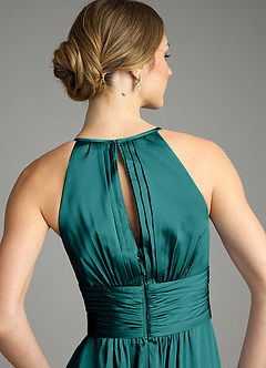 Azazie Bonnie Bridesmaid Dresses Peacock A-Line Pleated Stretch Satin Dress image6