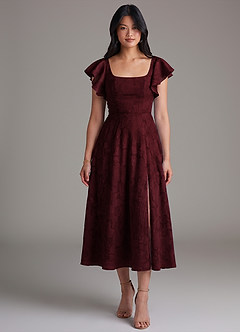Azazie Bondi Bridesmaid Dresses Cabernet A-Line Ruched Floral Burnout Dress image4