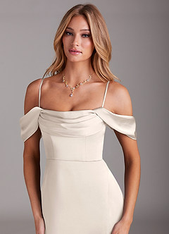 Azazie Saige Bridesmaid Dresses White Alabaster Sheath Off the Shoulder Stretch Satin Dress image2