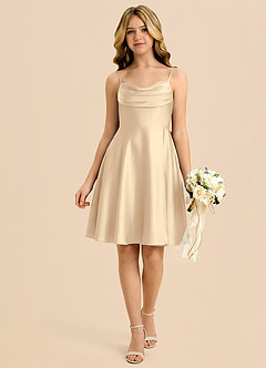 Azazie Bear Junior Robe Trapèze en Satin extensible Encolure en Forme de Cœur Champagne image1