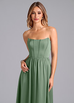 Azazie Leilana Vestidos de damas de honor Vestido de Matcha de Satén Elástico de Corte en A con Corsé image6