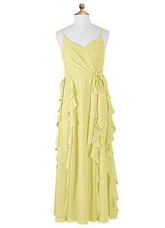 Azazie Peyton Junior Vestido de Sorbete De Limón de Gasa de Corte En A con Volantes en cascada Cuello en V image6
