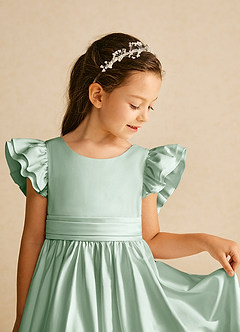 Azazie Piglette Flower Girl Dresses Agave A-Line Bow Matte Satin Dress image3