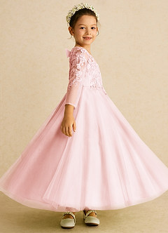 Azazie Precious Flower Girl Dresses Blushing Pink A-Line Lace Tulle Dress image3
