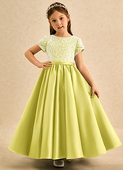 Azazie Cashew Flower Girl Dresses Canary Ball-Gown with Sleeves Matte Satin Dress image2