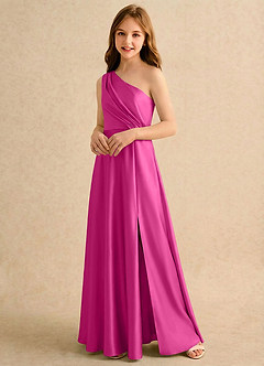 Azazie Puddles Girls Formal Abiti da Ragazza di Fiori Abito A-Line in Raso Elasticizzato Monospalla Fucsia image4