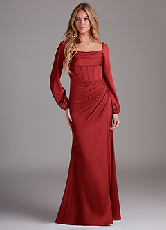 Azazie Charissa Bridesmaid Dresses Pomegranate Sheath Long Sleeve Stretch Satin Dress image3