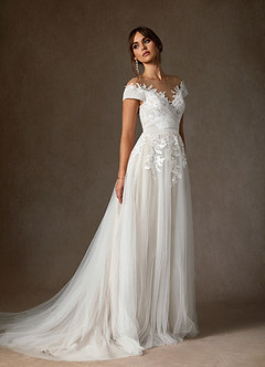 Azazie Cindy Wedding Dresses Diamond White Nude A-Line Illusion Off-The-Shouler Lace Tulle Dress image4