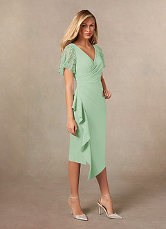 Azazie Eloise Mother of the Bride Dresses Dusty Sage Sheath Pleated Stretch Crepe Dress image5