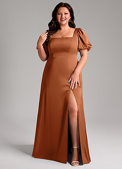 Azazie Fyona Bridesmaid Dresses Copper A-Line Pleated Stretch Satin Dress image8