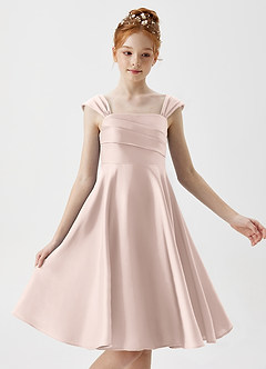 Azazie Amira Junior Blushing Pink A-Line Pleated Stretch Satin Dress image3