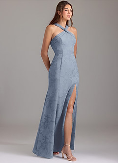 Azazie Rue Bridesmaid Dresses Dusty Blue A-Line Pleated Floral Burnout Dress image4