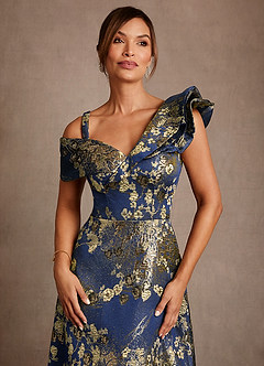 Azazie Des Moines Abiti per la Madre della Sposa Abito A-Line in Jacquard Floreale Monospalla Navy Floreale image5