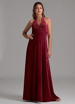 Azazie Tessie Bridesmaid Dresses Burgundy A-Line Pleated Velvet Dress image1