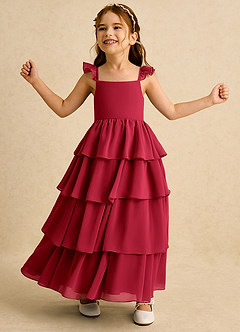 Azazie Boba vestidos de niña de las flores Vestido de Escarlata de Gasa de Corte En A con Escote Cuadrado image3