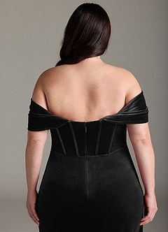 Azazie Jas Jurken voor bruidsmeisjes Converteerbaar Jurk van flueel met Kolom Off-the-shoulder korset Zwart image16