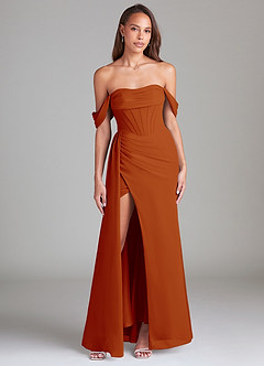 Azazie Amyra Bridesmaid Dresses Paprika Sheath Off the Shoulder Chiffon Convertible Dress image1