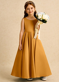 Azazie Pepper vestidos de niña de las flores Vestido de Caramelo de Satin Mate de Corte En A con Plisado image6