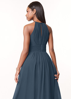 Azazie Bonnie Brautjungfernkleider A-Linie Schlüsselloch Gerüscht Chiffon Kleid Neptunblau image4