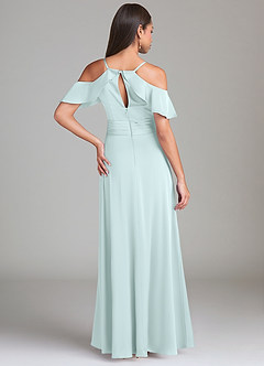 Azazie Dakota Bridesmaid Dresses Sea Glass A-Line Off the Shoulder Stretch Satin Dress image2