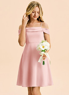 Azazie Anselie Junior Powder Pink A-Line Off the Shoulder Stretch Satin Dress image4