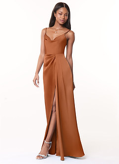 Azazie Brielle Bridesmaid Dresses Copper A-Line Cowl Spaghetti Straps Stretch Satin Dress image3