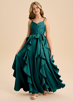 Azazie Peyton Junior A라인 주름진 스트레치 새틴 플로어 길이 주니어 신부 들러리 드레스 image5